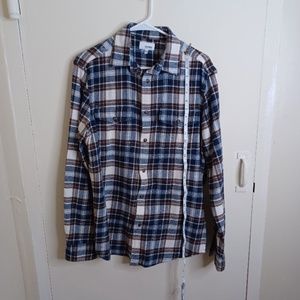 Men's beautiful tan plaid shirt. Size small.